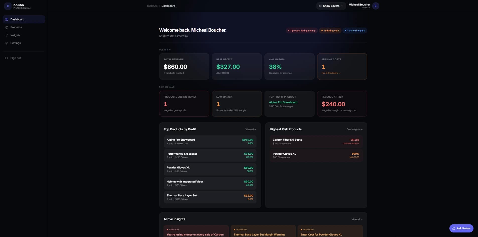 Kairos dashboard: real profit overview for a Shopify store