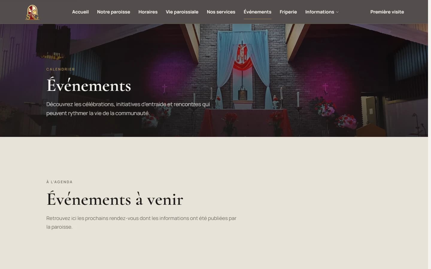 La page des événements du site de la paroisse, présentant les prochains rassemblements paroissiaux.